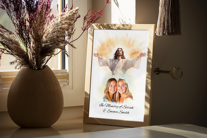 Custom Memorial Art Print with Photo and Text, Premium Watercolor Paper, Jesus Embracing from Heaven Keepsake