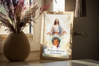 Custom Memorial Art Print with Photo and Text, Premium Watercolor Paper, Jesus in the Heavenly Clouds Keepsake