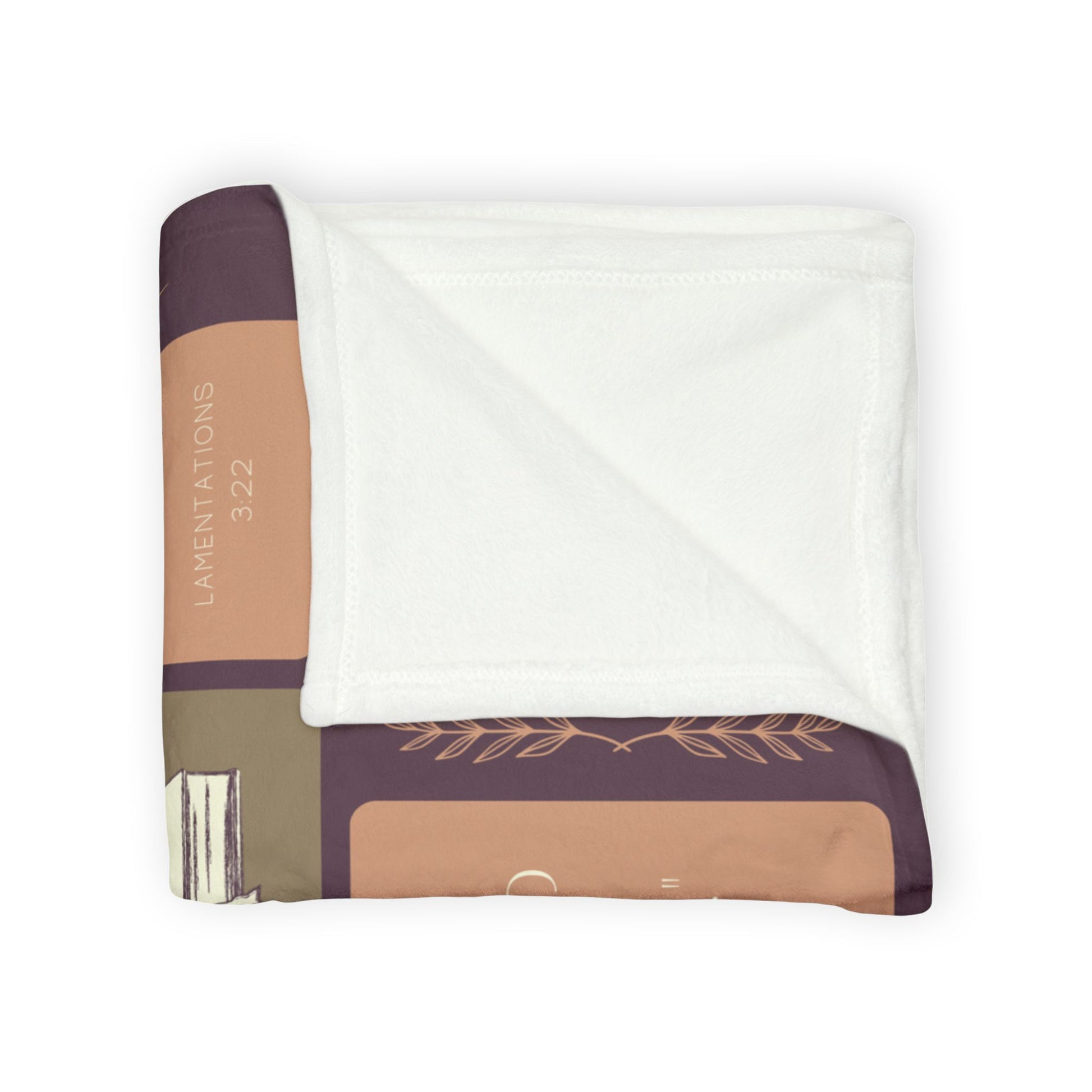 Folded Christian memorial blanket featuring an "Eternal Peace" scripture design with uplifting Bible verses, including a reference to Lamentations 3:22, in soft pastel tones with a cross and dove motif.