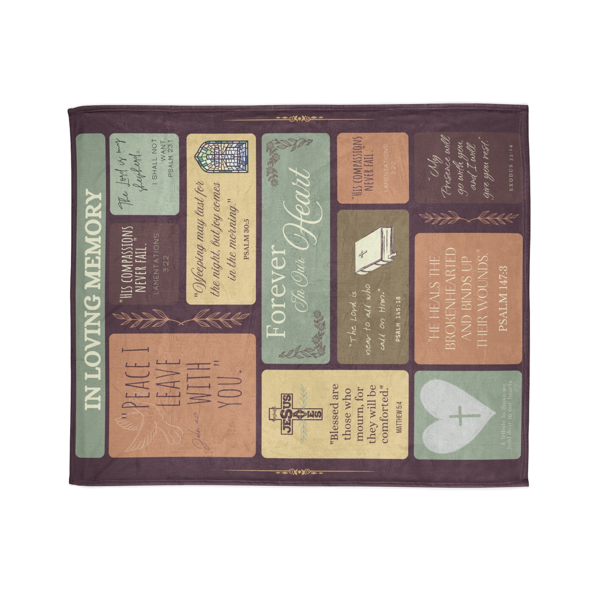 Christian memorial blanket featuring an "Eternal Peace" scripture design with uplifting Bible verses, a cross, dove, and stained glass imagery, including quotes from Matthew 5:4, Psalm 30:5, John 16:33, Psalm 145:18, Psalm 23:1, and Exodus 33:14, in warm earthy tones.