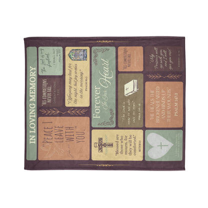 Christian memorial blanket featuring an "Eternal Peace" scripture design with uplifting Bible verses, a cross, dove, and stained glass imagery, including quotes from Matthew 5:4, Psalm 30:5, John 16:33, Psalm 145:18, Psalm 23:1, and Exodus 33:14, in warm earthy tones.