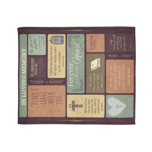 Christian memorial blanket featuring an "Eternal Peace" scripture design with uplifting Bible verses, a cross, dove, and stained glass imagery, including quotes from Matthew 5:4, Psalm 30:5, John 16:33, Psalm 145:18, Psalm 23:1, and Exodus 33:14, in warm earthy tones.