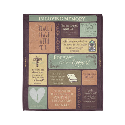 Christian memorial blanket featuring an "Eternal Peace" scripture design with uplifting Bible verses, a cross, dove, and stained glass imagery, including quotes from Matthew 5:4, Psalm 30:5, John 16:33, Psalm 145:18, Psalm 23:1, and Exodus 33:14, in warm earthy tones.