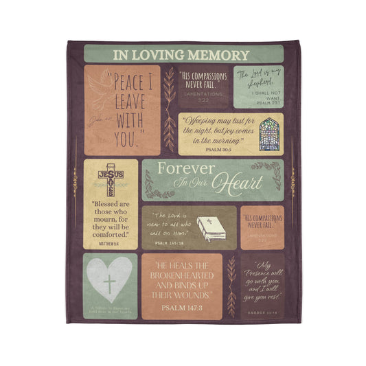 Christian memorial blanket featuring an "Eternal Peace" scripture design with uplifting Bible verses, a cross, dove, and stained glass imagery, including quotes from Matthew 5:4, Psalm 30:5, John 16:33, Psalm 145:18, Psalm 23:1, and Exodus 33:14, in warm earthy tones.