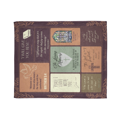 Christian memorial blanket featuring an "Eternal Light" scripture design with uplifting Bible verses, a cross, dove, and stained glass imagery, including quotes from Matthew 5:4, Psalm 30:5, John 16:33, Psalm 145:18, Psalm 23:1, and Exodus 33:14, in warm earthy tones.