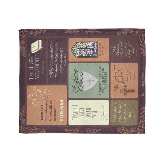 Christian memorial blanket featuring an "Eternal Light" scripture design with uplifting Bible verses, a cross, dove, and stained glass imagery, including quotes from Matthew 5:4, Psalm 30:5, John 16:33, Psalm 145:18, Psalm 23:1, and Exodus 33:14, in warm earthy tones.