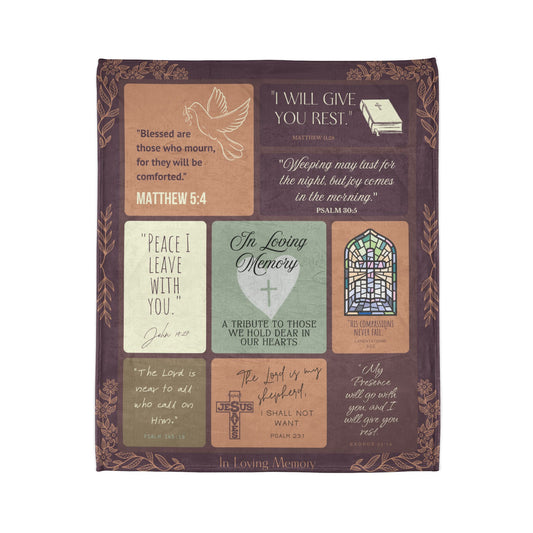 Christian memorial blanket featuring an "Eternal Light" scripture design with uplifting Bible verses, a cross, dove, and stained glass imagery, including quotes from Matthew 5:4, Psalm 30:5, John 16:33, Psalm 145:18, Psalm 23:1, and Exodus 33:14, in warm earthy tones.
