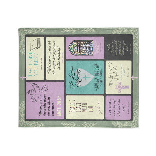 Christian memorial blanket featuring an "In Loving Memory" scripture design with uplifting Bible verses, a cross, dove, and stained glass imagery, including quotes from Matthew 5:4, Psalm 30:5, John 16:33, Psalm 145:18, Psalm 23:1, and Exodus 33:14, in soft pastel tones.