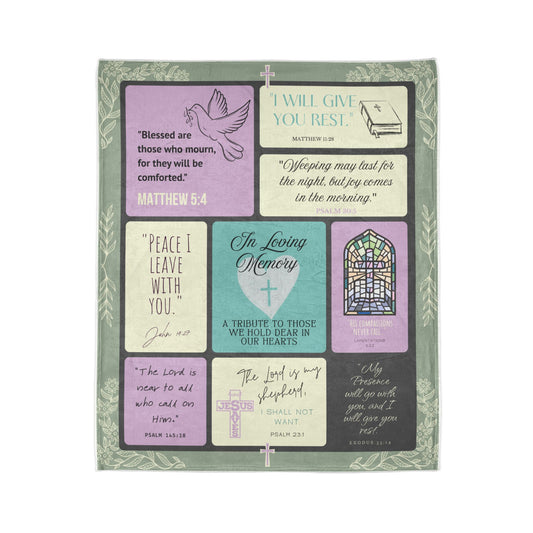 Christian memorial blanket featuring an "In Loving Memory" scripture design with uplifting Bible verses, a cross, dove, and stained glass imagery, including quotes from Matthew 5:4, Psalm 30:5, John 16:33, Psalm 145:18, Psalm 23:1, and Exodus 33:14, in soft pastel tones.