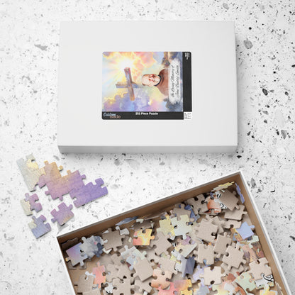 Custom memorial puzzle box with 252 pieces, featuring a sacred design with Jesus and a photo of John Buddy Smith, personalized with "In Loving Memory of John Buddy Smith" with some pieces assembled outside and others inside the box.