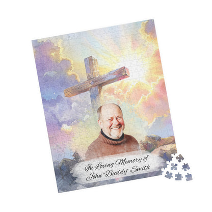 Custom memorial puzzle with a sacred cross keepsake design, featuring a photo of John "Buddy" Smith, personalized with "In Loving Memory of John 'Buddy' Smith," available in 252 or 520 pieces, set against a heavenly sky background with scattered pieces.