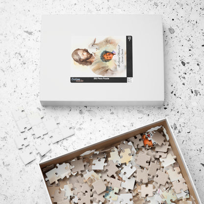Personalized memorial puzzle box with 252 pieces, featuring a sacred shepherd design with Jesus holding a lamb and a photo of Sarah Smith, personalized with "In Loving Memory of Sarah Smith," with pieces inside the box.