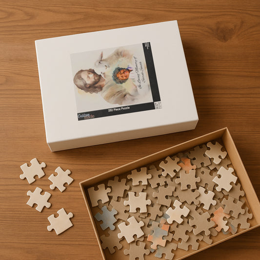 Personalized memorial puzzle box with 252 pieces, featuring a sacred shepherd design with Jesus holding a lamb and a photo of Sarah Smith, personalized with "In Loving Memory of Sarah Smith," with pieces inside and some scattered on a wooden surface.