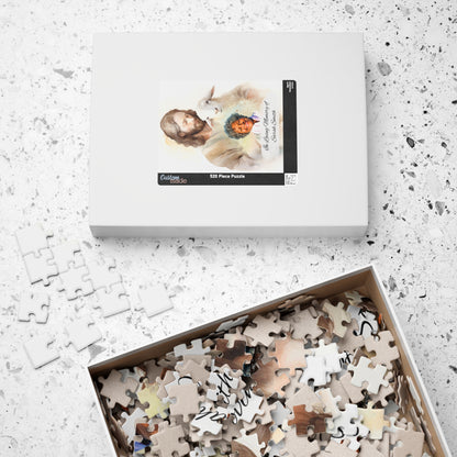 Personalized memorial puzzle box with 520 pieces, featuring a sacred shepherd design with Jesus holding a lamb and a photo of Sarah Smith, personalized with "In Loving Memory of Sarah Smith," with pieces inside the box.
