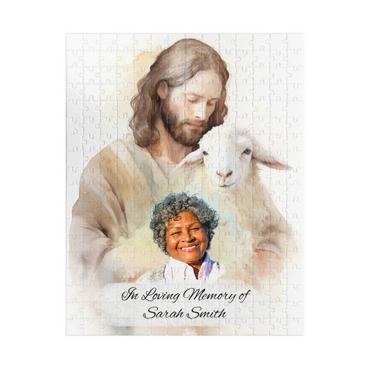 Personalized memorial puzzle featuring a sacred shepherd design with Jesus holding a lamb and a photo of Sarah Smith, personalized with "In Loving Memory of Sarah Smith," available in 252 or 520 pieces