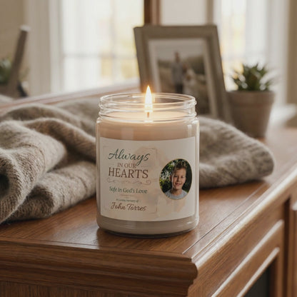 Always in Our Hearts Memorial Photo Candle | Personalized Christian Sympathy Gift for Loss of Child